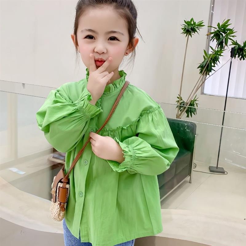 Balabala Korean 2023 New Children's Spring Wear 0-8 Years Old Fashion Girl's Green Doll Shirt Collar Shirt