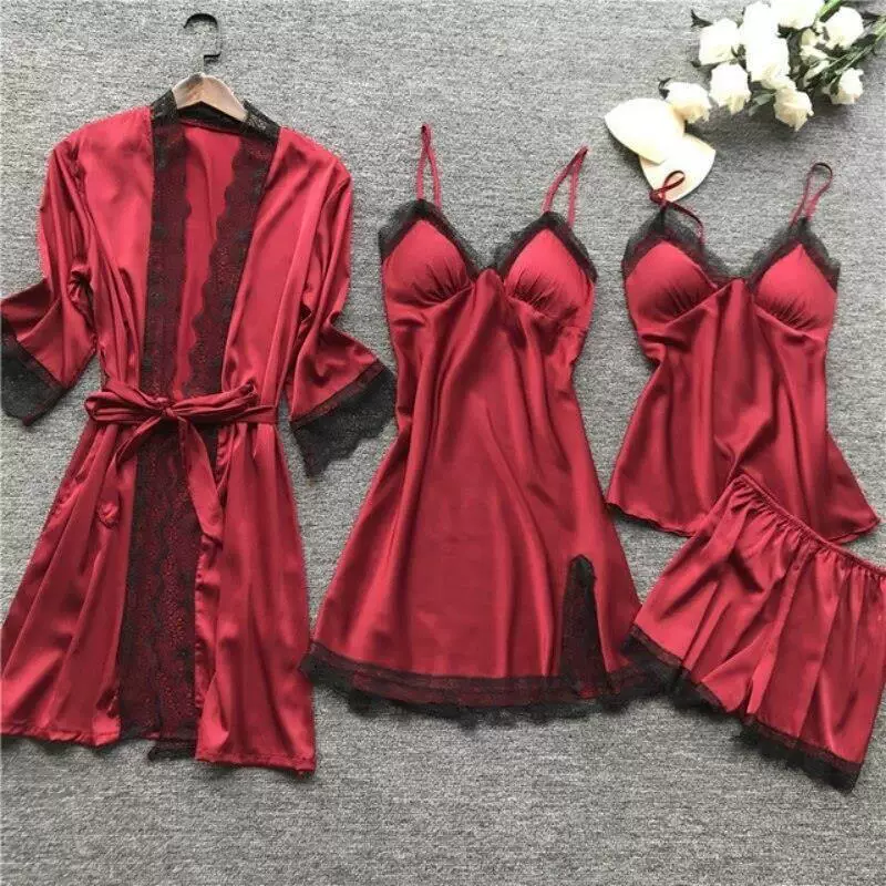 4 шт. набор ночной костюм для женщин кружевной крепеж sexy V-образный верх кардиган camisole ночь
