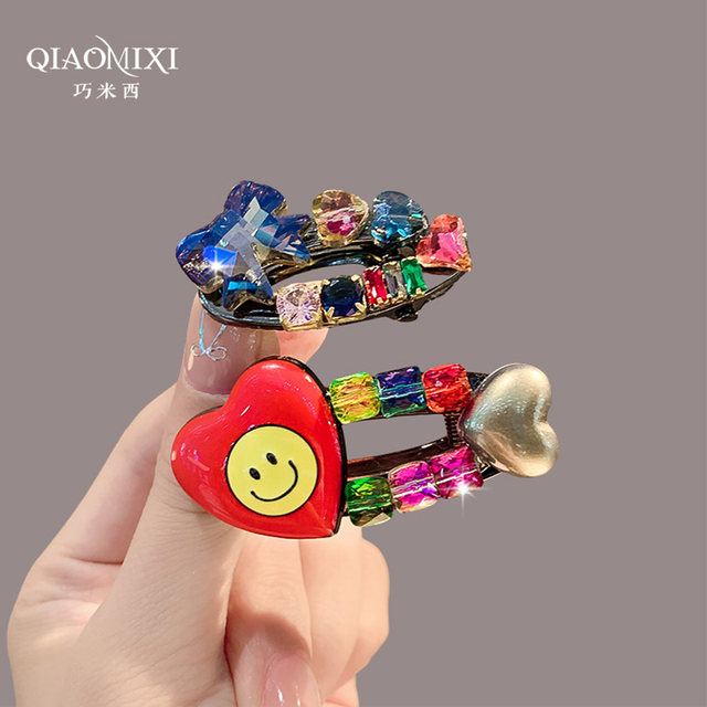 Korean high-end heavy industry flash diamond bow cute heart smiling face temperament hair clip for women new color duckbill clip for women