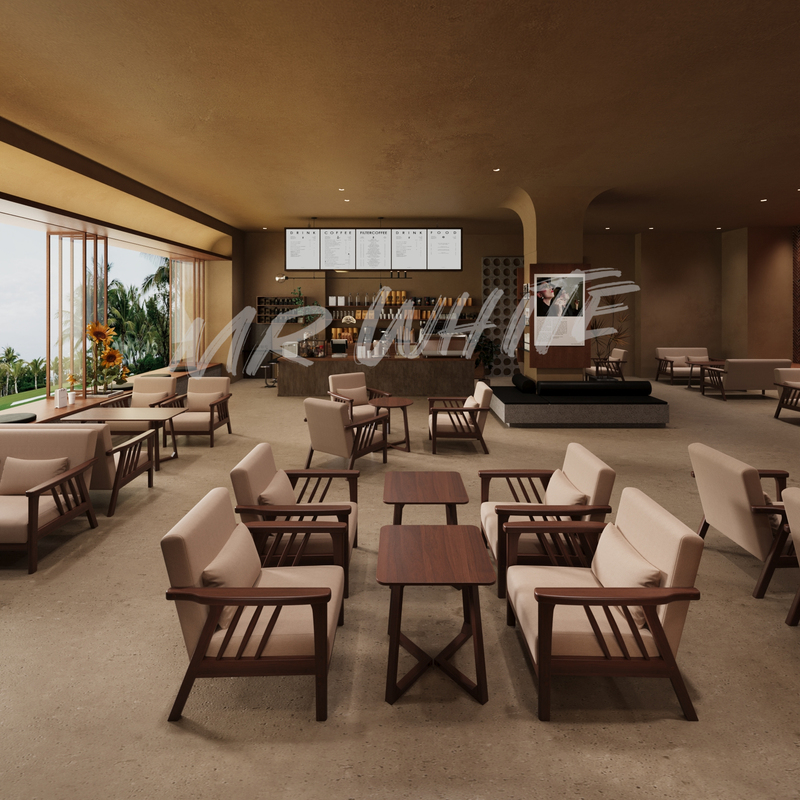Cafe Solid Wood Table and Chair Set, Tavern Bar Sofa Chair Table, Nordic Light Luxury Nappa Leather Restaurant Sofa Chair