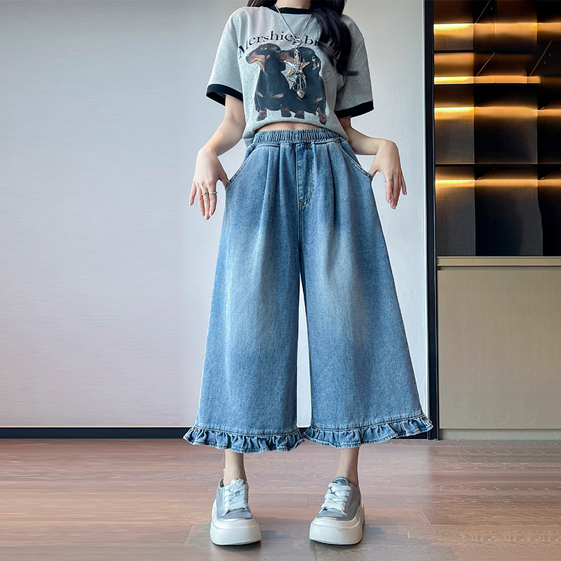 Ruffled Wide-Leg Denim Capri Pants for Women, 2026 Spring/Summer New Style, Plus Size, Elastic High Waist, Loose Fit, Slimming Eight-Point Pants