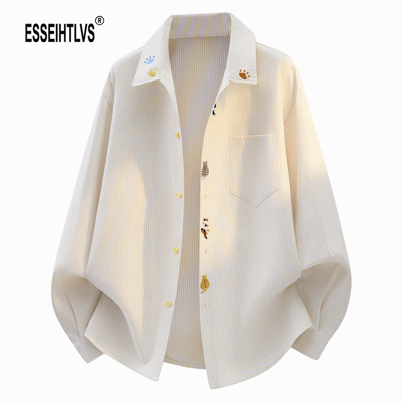 Esseihtlvs Japanese-Style Fun Cat Embroidery Long-Sleeve Shirt for Men, Spring and Autumn Lazy Style Versatile Striped Shirt