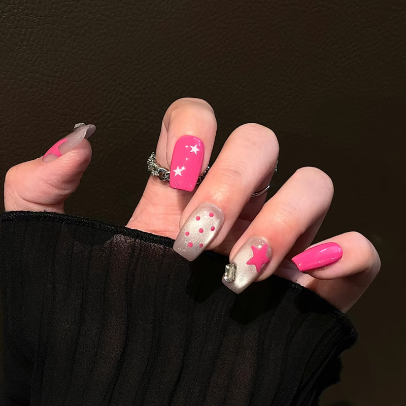 Barbie Pink Cat Eye Press-On Nails Star Dragon Fruit Color Dopamine Sweet Cool Spicy Girl Y2K Style Short Nail Patches