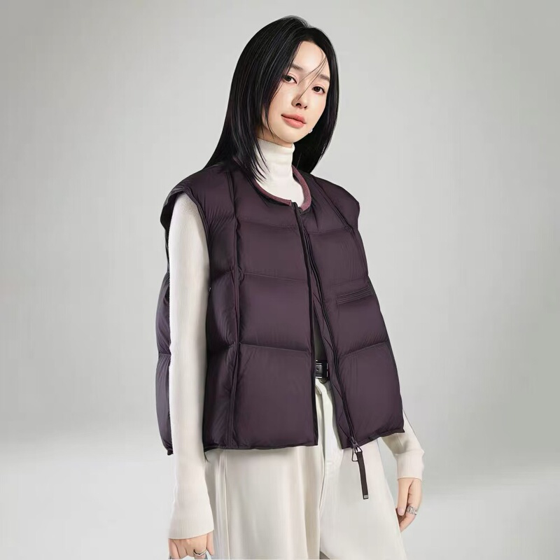 High-End Puff down Vest for Women, Winter Design, Loose Fit, Lightweight Down, Round Neck, Drawstring, Outerwear, Warm Vest Jacket