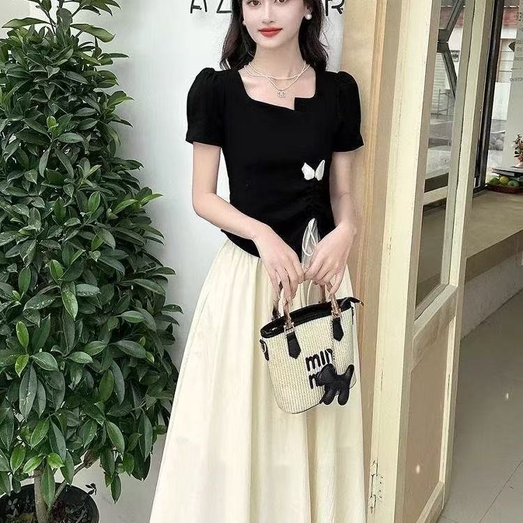 Pregnant Women's Nursing Suit, French Style Summer New Design, Asymmetrical T-Shirt, Elegant Top, Skirt, Two-Piece Set Pregnant Women's Nursing Suit, French Style Summer New Design, Asymmetrical T-Shirt, Elegant Top, Skirt, Two-Piece Set