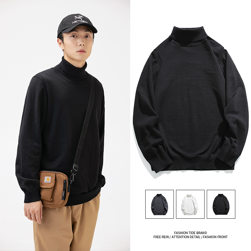 Brand (Clothing) Korean Style Slightly Slim Fit Couple's Solid Color Convertible Turtleneck Sweater Autumn and Winter Loose Knitwear for Men
