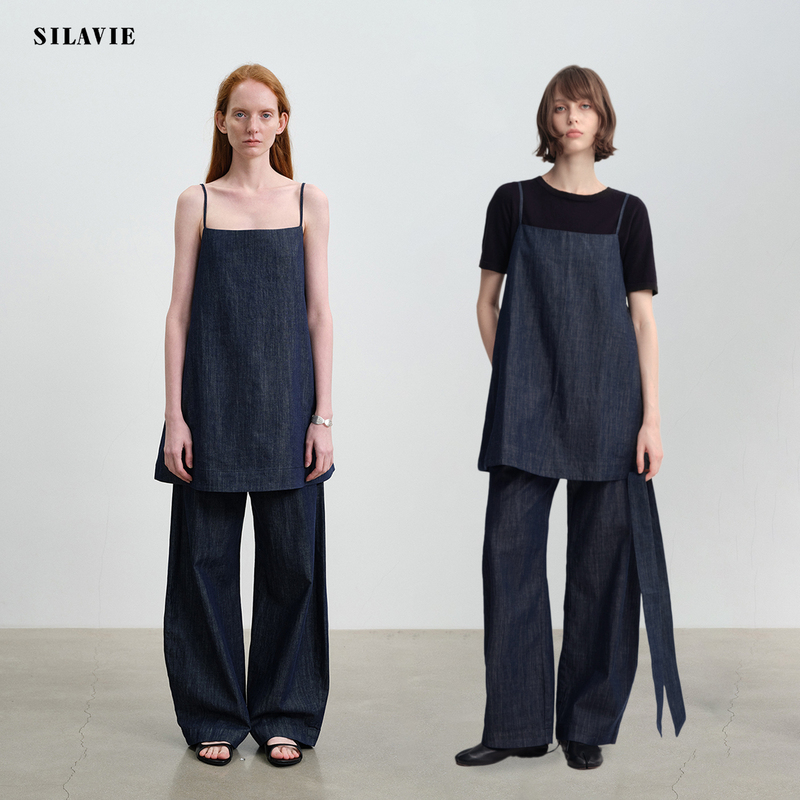 Silavie Cotton and Linen Denim Suit for Women, Autumn Straight-Leg Wide-Leg Pants, Elegant Natural Denim Color, Sleeveless Camisole Top