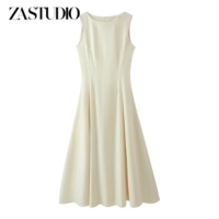 ZA new summer women's French minimalist style round neck sleeveless pleated decoration loose wide hem long dress