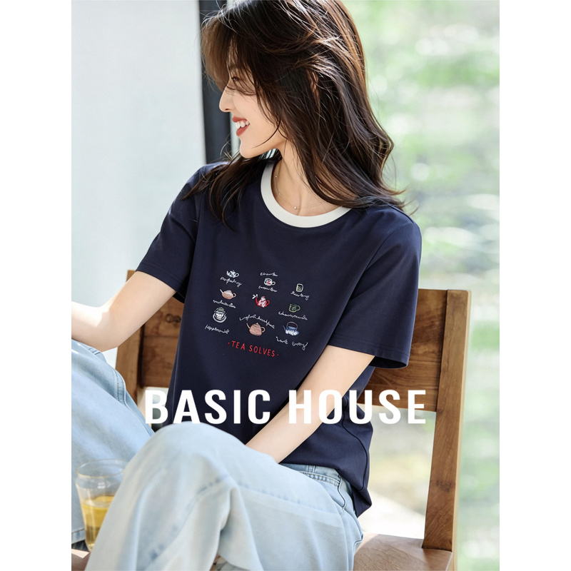 Basic House/Baijiahao Color-Blocked Embroidered T-Shirt for Women, New Summer Short-Sleeve Round-Neck Casual Cotton Top