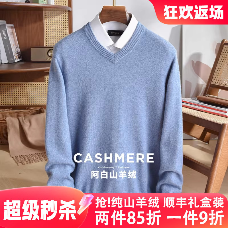 Abai Goat 100% Pure Cashmere Sweater for Men, Thickened V-Neck Base Knitwear, High-End Business Sweater for Autumn and Winter