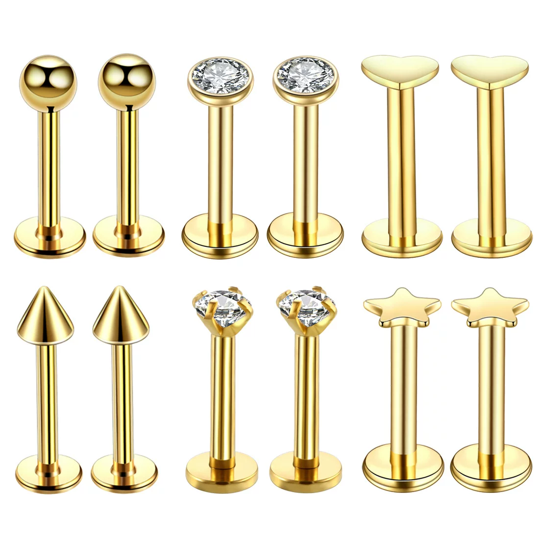 [12PC Crystal Labret Piercing Set 16G Heart Tragus Piercing E]