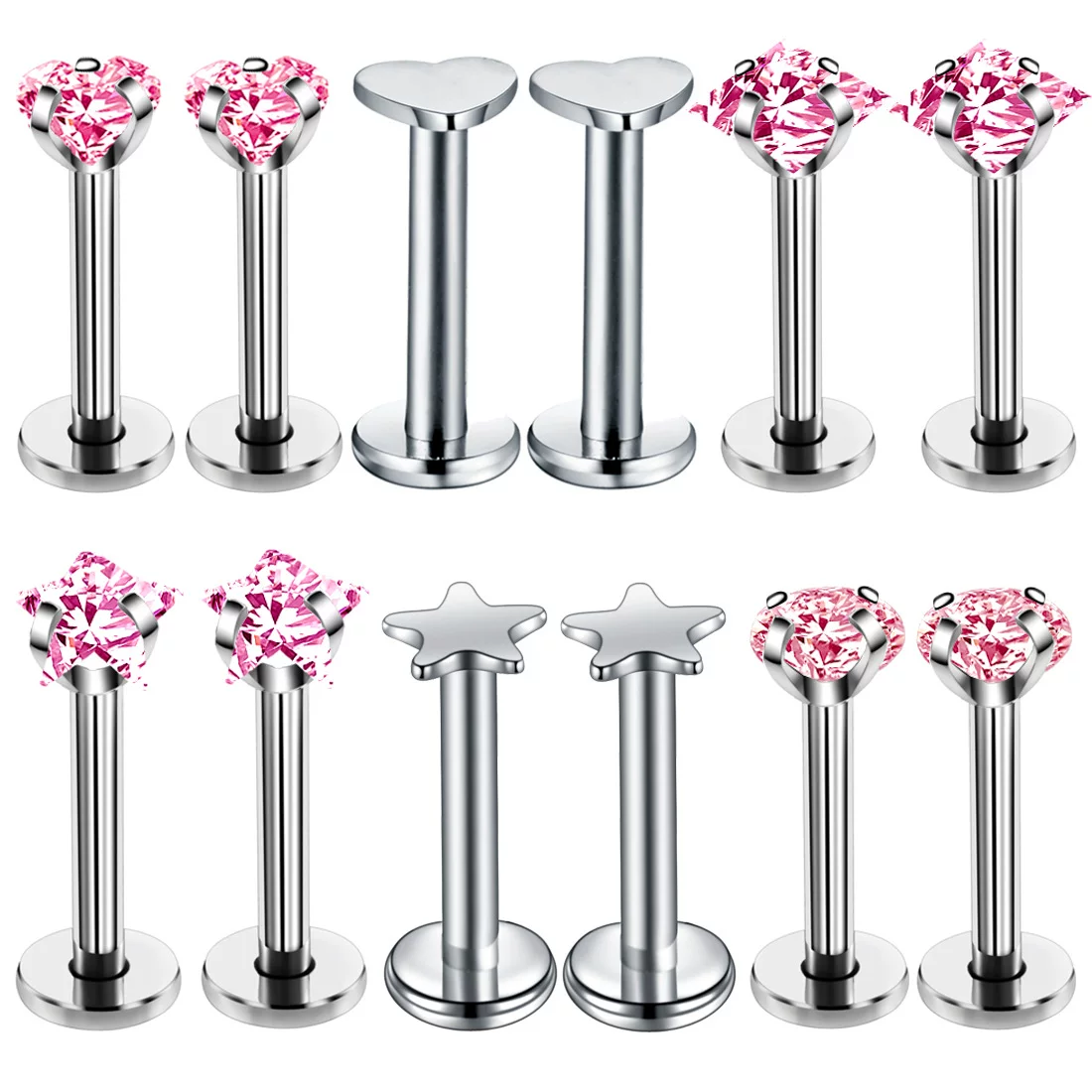 [12PC Crystal Labret Piercing Set 16G Heart Tragus Piercing E]