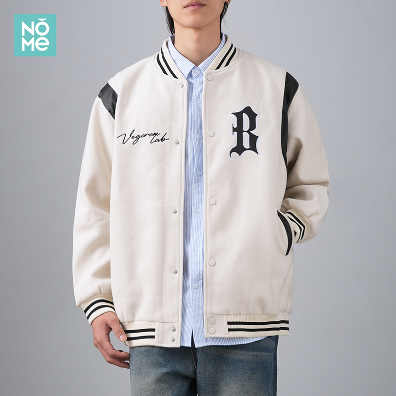 Nome Retro Leather Patchwork Baseball Jacket for Men, Autumn and Winter Style, American High-End Embroidered Couple Flight Jacket Nome Retro Leather Patchwork Baseball Jacket for Men, Autumn and Winter Style, American High-End Embroidered Couple Flight Jacket