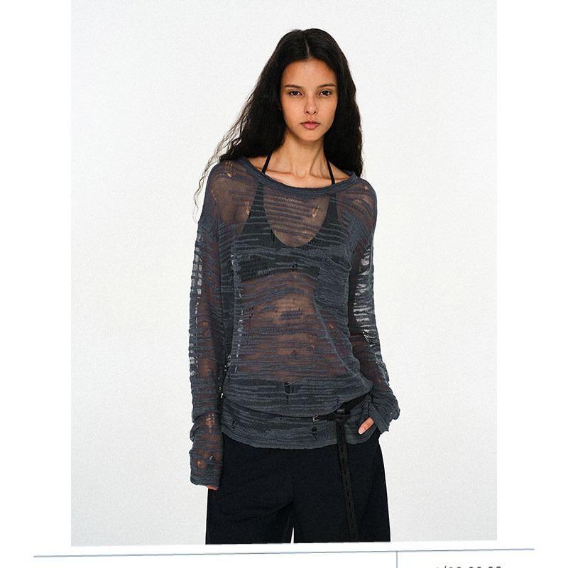 Flowersays: [Same Style as Cai Yilin] Shining Grass, Lively, Linen-Cotton Hollow-Out See-Through Knit Long Sleeves