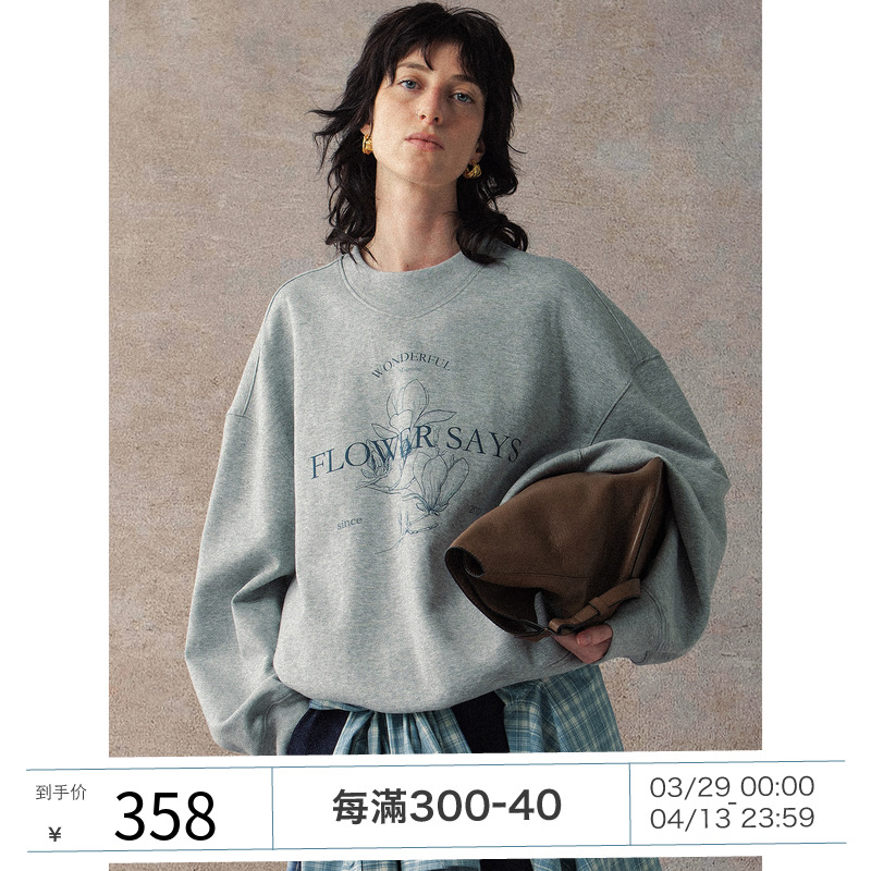 FLOWERSAYS: マグノリアアメリカンレトロレイヤードカジュアルラウンドネックスウェットシャツレディース2025春長袖トップス