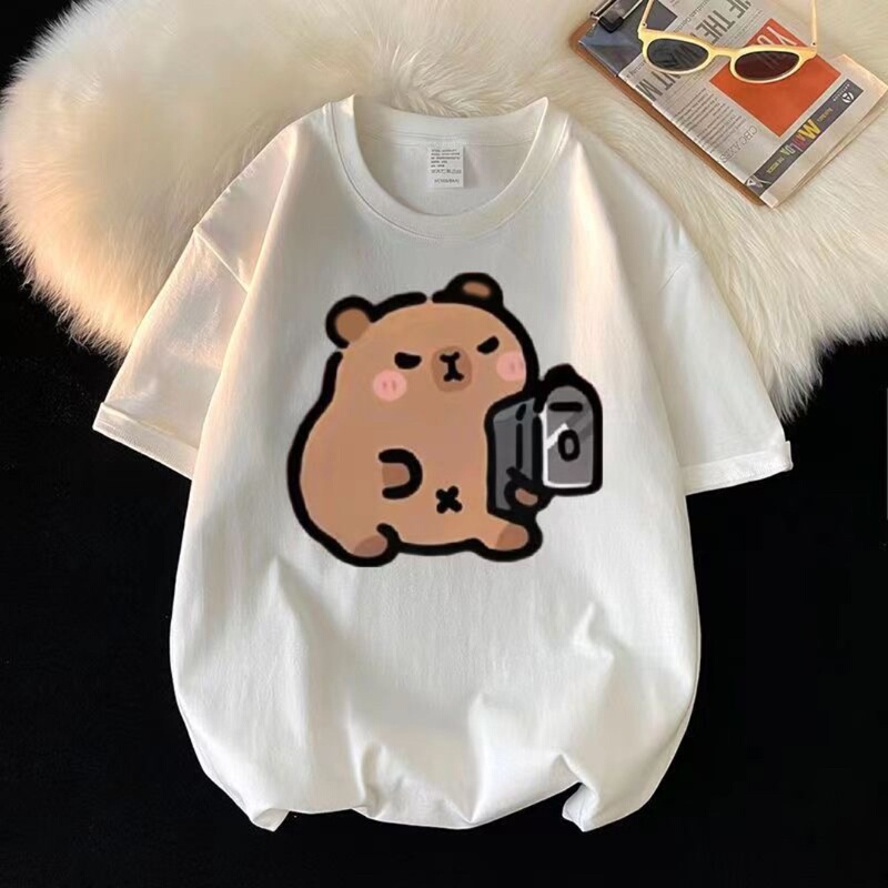 Plus Size 150kg Capibara Cute Capybara Cartoon Japanese Style Pure Cotton Short-Sleeve T-Shirt for Men and Women, Loose Fit T-Shirt