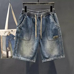 ຂະໜາດໃຫຍ່ພິເສດ 300 ປອນ American retro denim shorts men's summer ins trendy brand handsome loose straight leg five-quarter pants