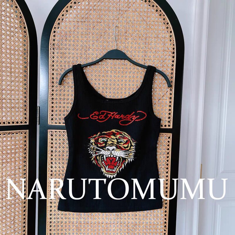 American Hardy Trendy Brand Rhinestone Classic Tiger Head Black and White Versatile Women's Tank Top, Genuine Product from the Store American Hardy Trendy Brand Rhinestone Classic Tiger Head Black and White Versatile Women's Tank Top, Genuine Product from the Store