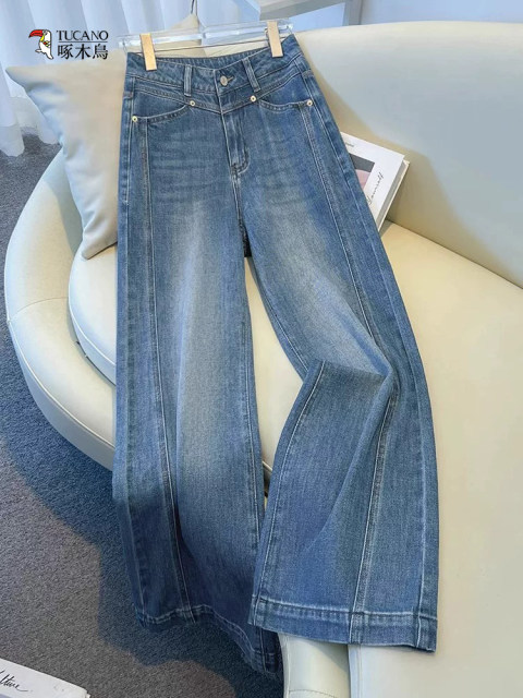 ໂສ້ງຂາກວ້າງ denim ສີຟ້າອ່ອນ Woodpecker ສໍາລັບແມ່ຍິງ 2026 ລະດູໃບໄມ້ປົ່ງແລະລະດູຮ້ອນແບບໃຫມ່ຂອງປີນີ້ທີ່ນິຍົມອາເມລິກາ retro ກາງເກງຊື່