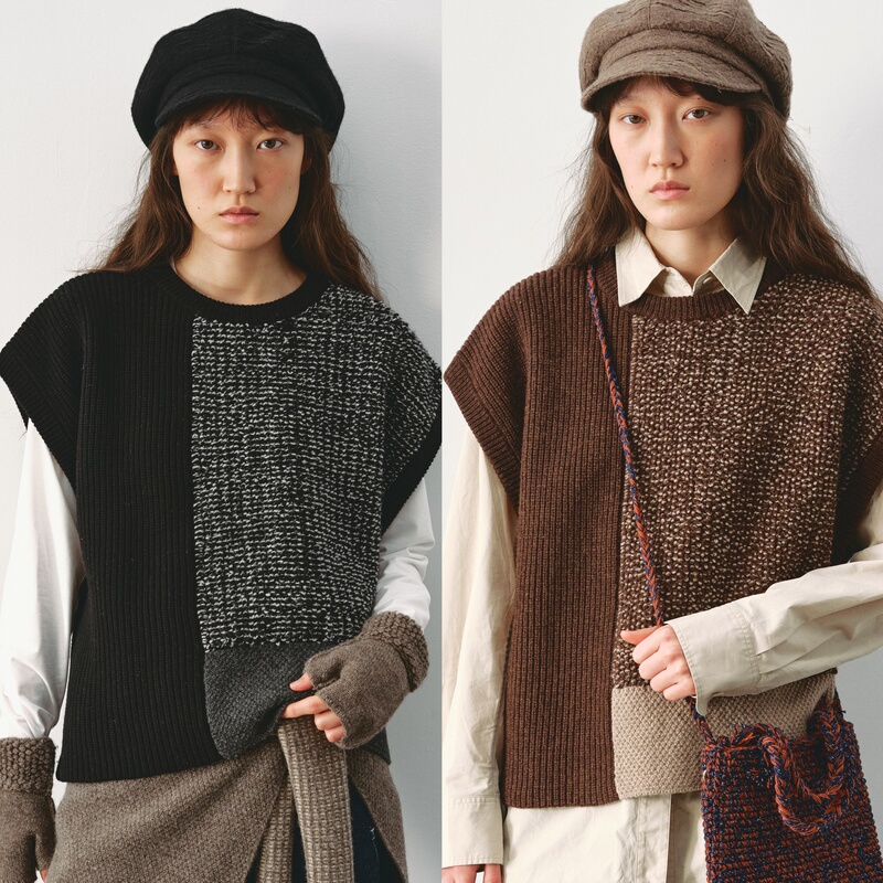 Ameesso Color-Blocked Round-Neck Vest Retro Contrasting Color Knitted Sleeveless Layered Loose Vest