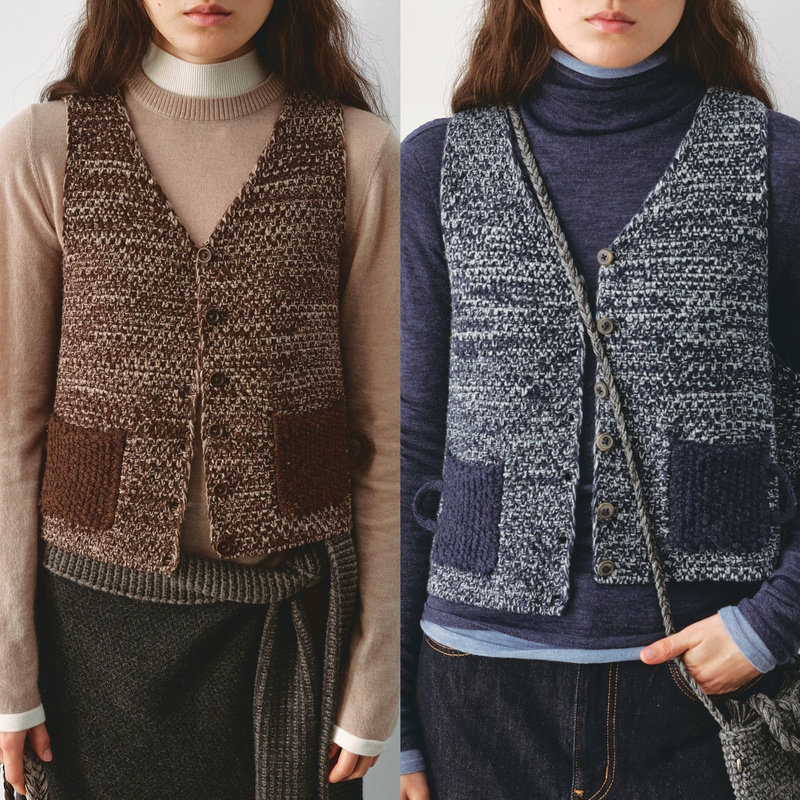 Ameesso Wool Mixed Color Vest V-Neck Vest Retro Color-Blocking Pocket Knit Cardigan Layering