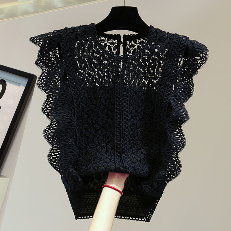 2025年夏 フレンチデザイン ニッチ ノースリーブ 中空フックレースシャツ 女性らしい気質 万能 ウェーブエッジ トップス