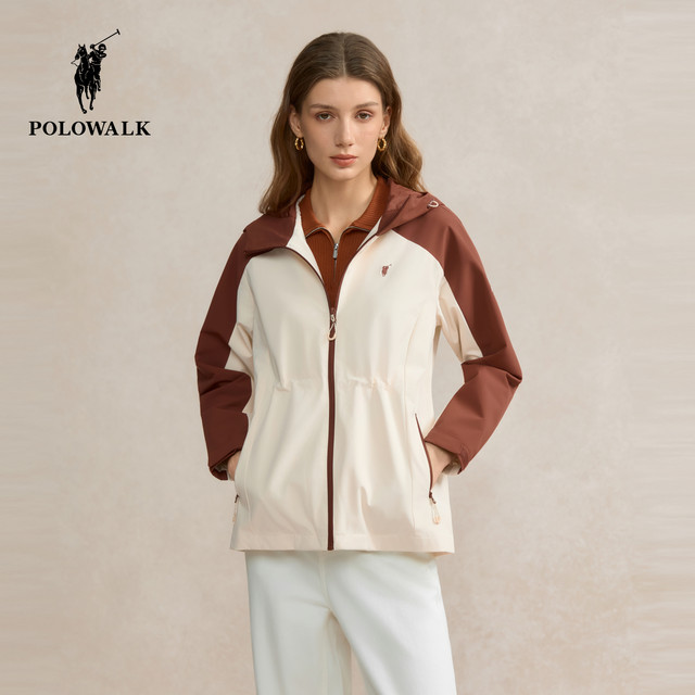 POLOWALK Women's Hooded Jacket 2025 Autumn New Product Contrast Color and Waist-Close-Up Slimming Casual Sports Women's Blazer