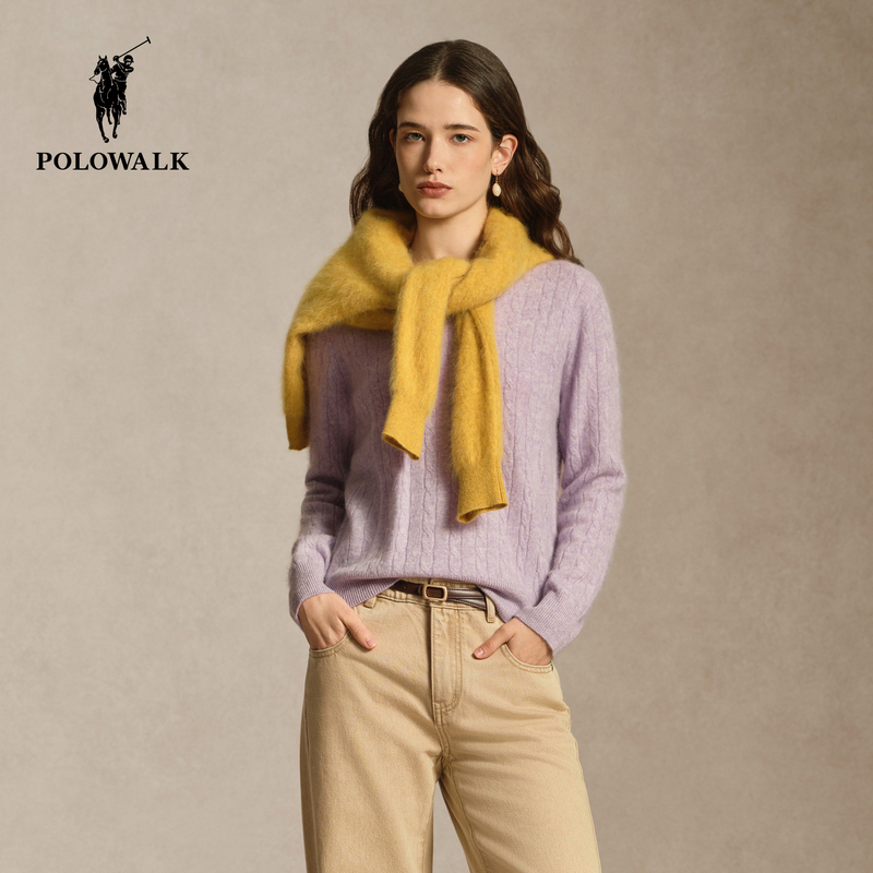 [Contains Sheep Wool] Polowalk Women's Wool Sweater 2026 Winter New Product Round Neck Retro Cable Knit Pullover