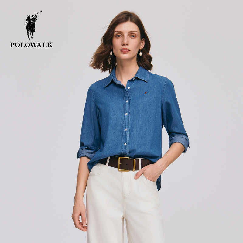 [100% Cotton] Polowalk Long-Sleeved Shirt Women's 2026 Autum New Fashion Work Clothing Denim Top