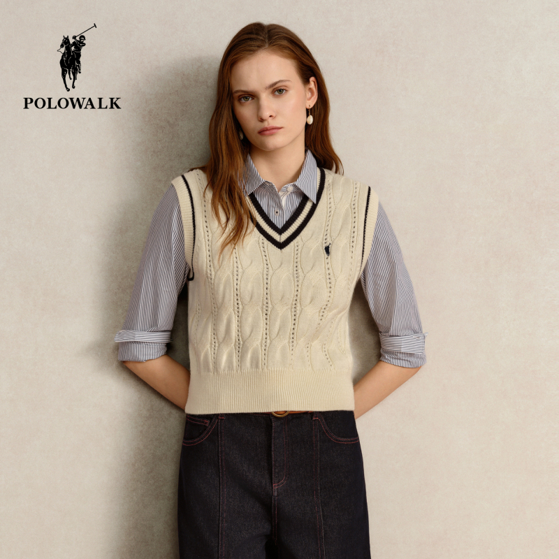 Polowalk Women's Knitted Vest 2026 Autum New Fashion Color-Blocking Pullover Cable Knit V-Neck Knitted Vest