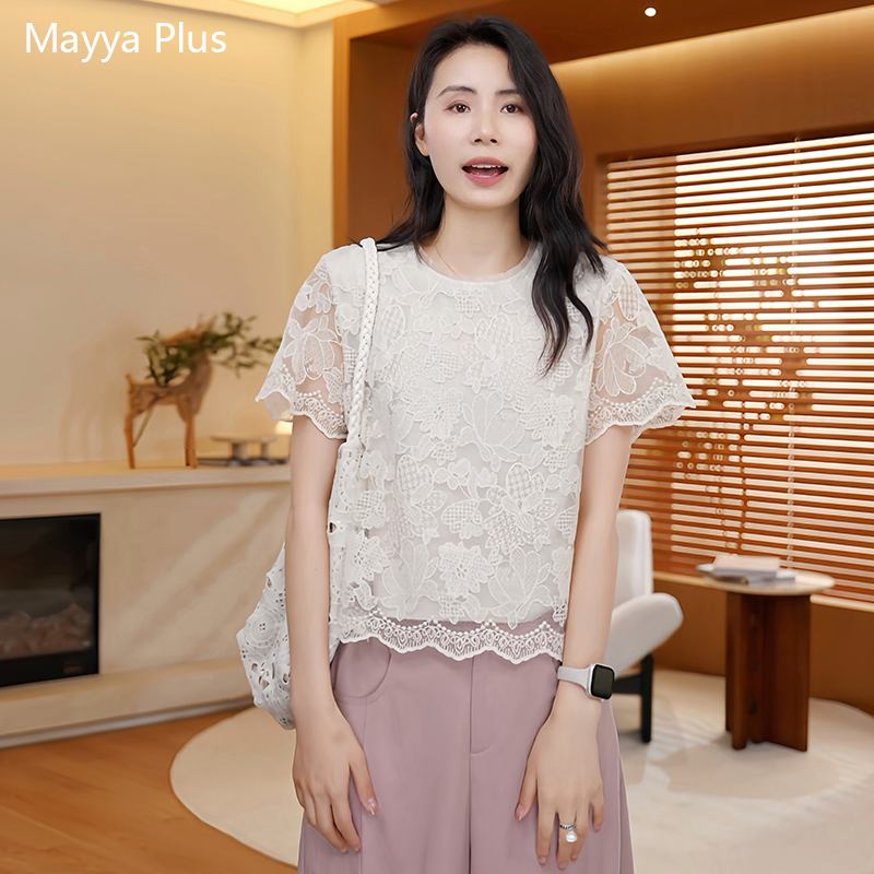 Mayya Plus Gentle Three-Dimensional Floral Pattern Lace Wave Edge Short-Sleeve Shirt Top for Summer Women