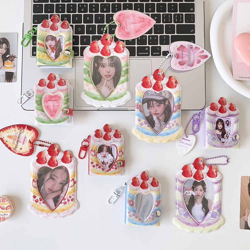 Korean style cartoon strawberry heart keychain card holder for students, bus cards, subway cards, card holders, 3-inch small card holders for fans.