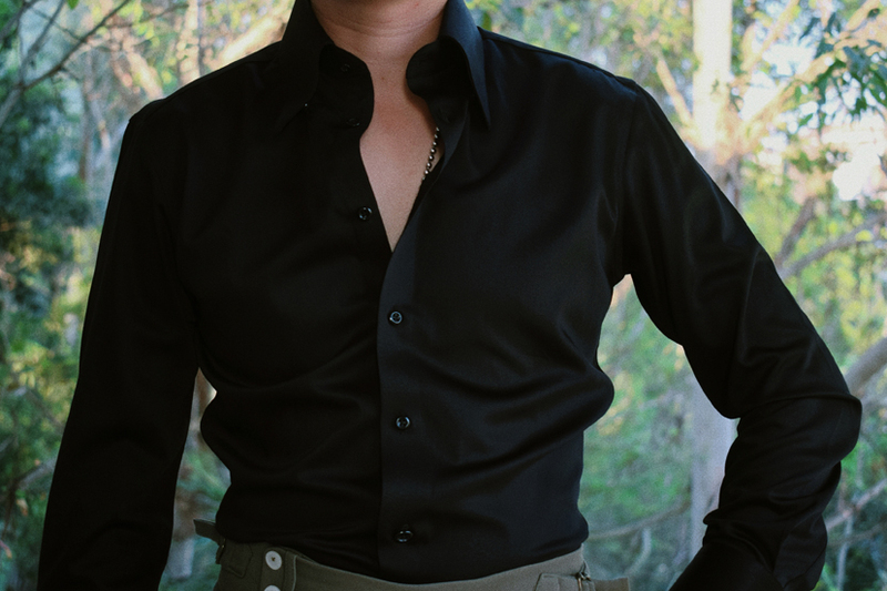 Business Casual Slim Fit Wrinkle-Free Long Pointed Collar Bamboo Fiber British Style Men's Black Casual Long-Sleeved Shirt