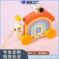 Wooden drag snail baby puzzle building stack toddler parent-child wooden early education aid toy rainbow building block car