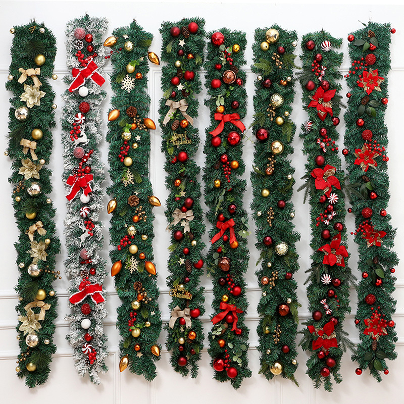 Christmas Decoration Encrypted Vine Garland Staircase Scene Arrangement Flocked Snow-Covered Vine Door Hanging Wreath Christmas Circle