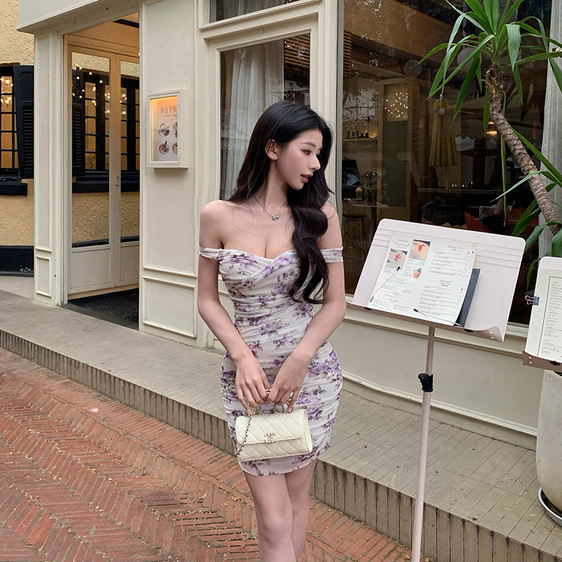 Expired Pill Pills【Floral Purple Whisper】Bright and Beautiful Women's Sexy Floral Mesh Bodycon Dress Short Skirt Spring