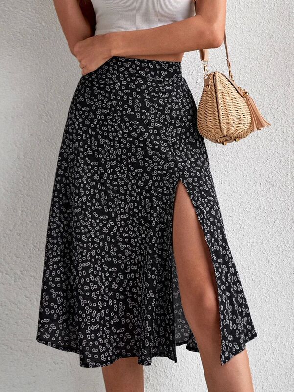 Floral High Waist Split Hip Wrap Skirt