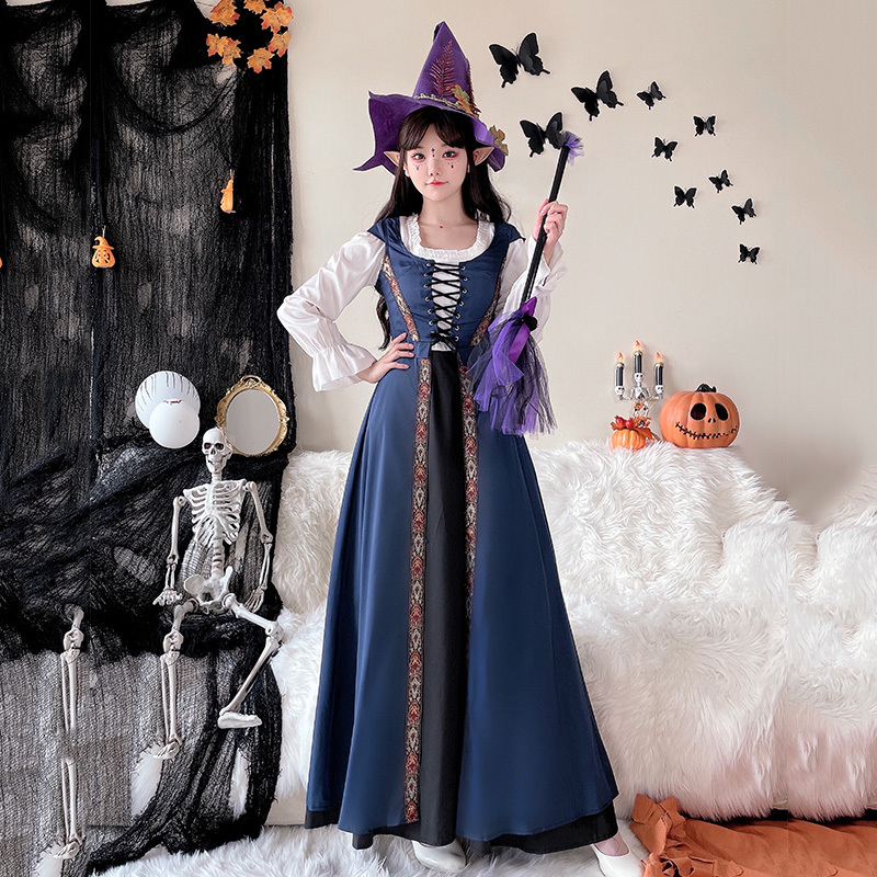 Halloween Witch Magic Costume European and American Square-Neck Long Dress with Waistband Medieval Retro Court Style Clothing Halloween Witch Magic Costume European and American Square-Neck Long Dress with Waistband Medieval Retro Court Style Clothing