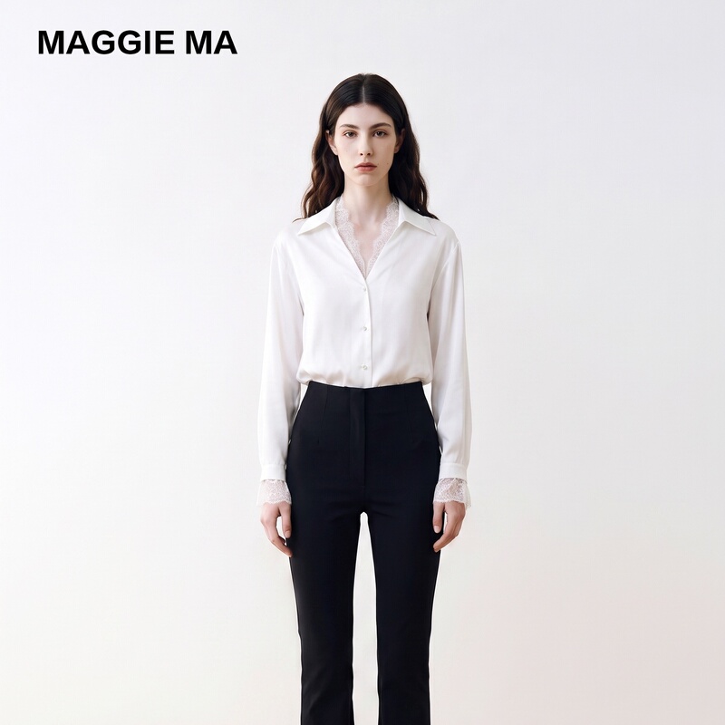 Maggie Ma/ "Moonlight White" Intellectual Commuting Shirt with Double-Layer Lace at the Neck and Cuffs, Flowy and Versatile