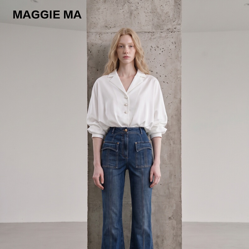 Maggiema｜"Ol Elite” Early Autumn French-Style Elegant One-Piece Shirt with Pearl Button Placket and White Lapel Top