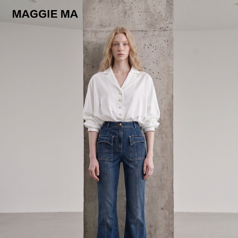 Maggiema|"Ol Elite” Early Autumn French-Style Elegant One-Piece Shirt with Pearl Button Placket and White Lapel Top Maggiema|"Ol Elite” Early Autumn French-Style Elegant One-Piece Shirt with Pearl Button Placket and White Lapel Top