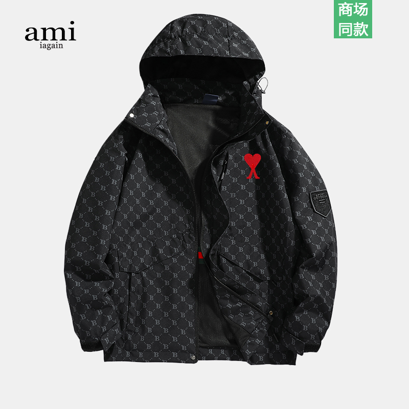 Ami Iagain Official All-Over Print Hooded Jacket for Men and Women Couples 2026 Spring and Autumn New Heart Black Coat Trendy