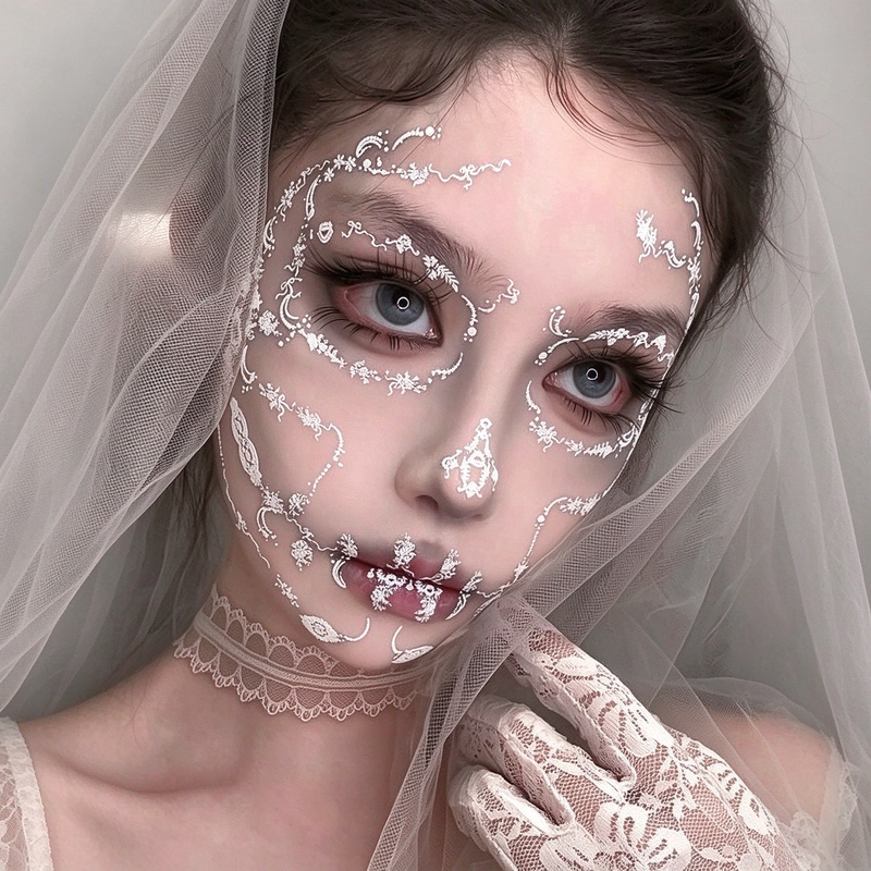 Halloween Face Stickers White Skeleton Bride Makeup Stickers Embossed Lace Stickers Girls Makeup Photo Props