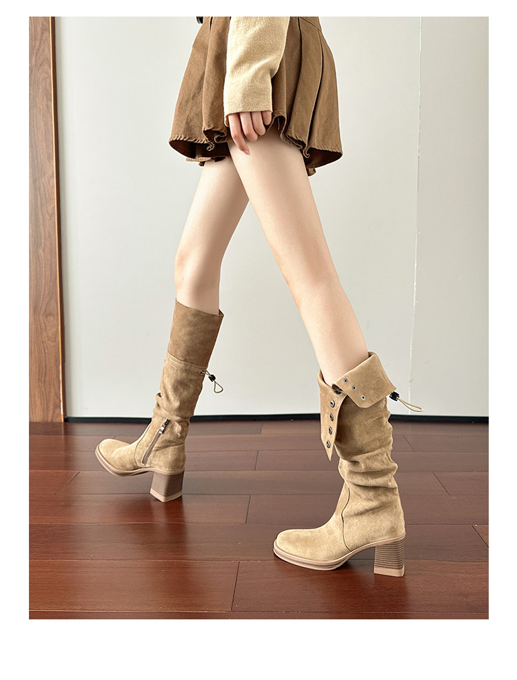 Западные Boots 高跟防水台长靴女侧拉炼 炼 𫔀两穿骑行靴高筒不过膝长筒靴小个子西部靴