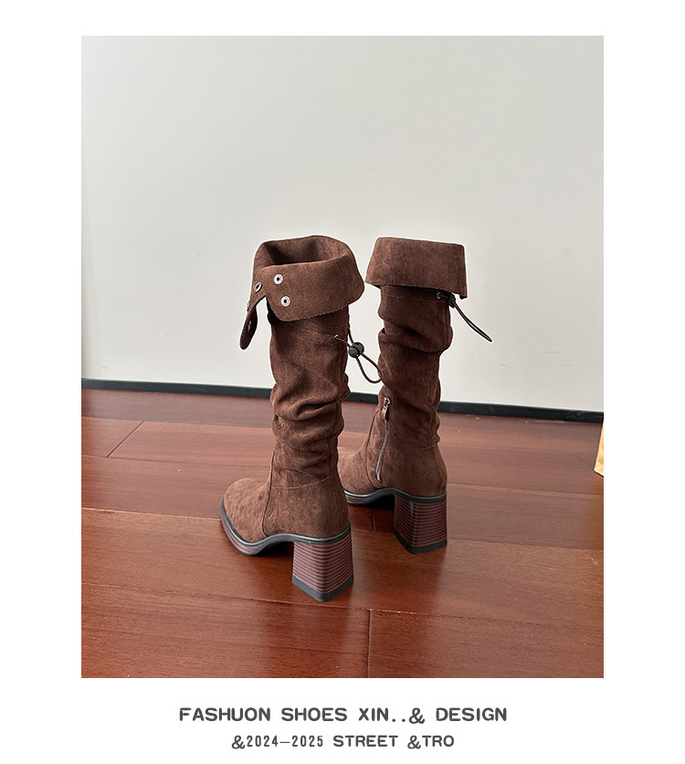 Западные Boots 高跟防水台长靴女侧拉炼 炼 𫔀两穿骑行靴高筒不过膝长筒靴小个子西部靴