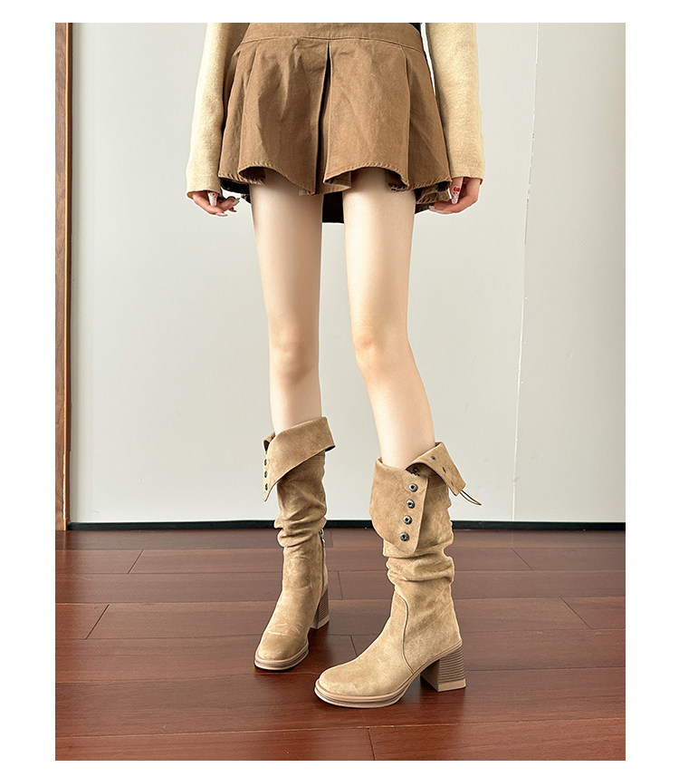 Западные Boots 高跟防水台长靴女侧拉炼 炼 𫔀两穿骑行靴高筒不过膝长筒靴小个子西部靴