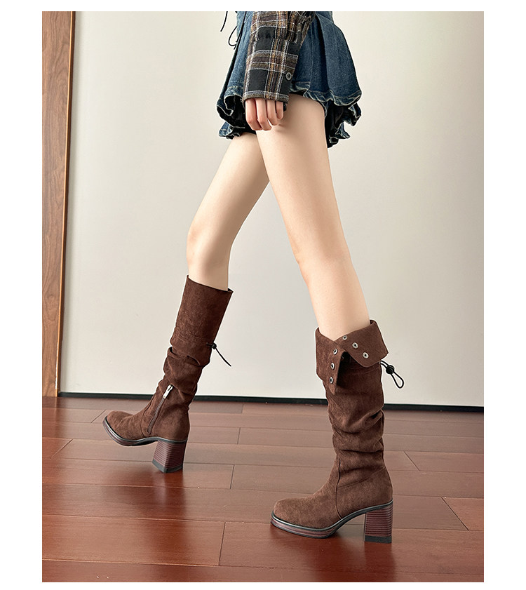 Западные Boots 高跟防水台长靴女侧拉炼 炼 𫔀两穿骑行靴高筒不过膝长筒靴小个子西部靴
