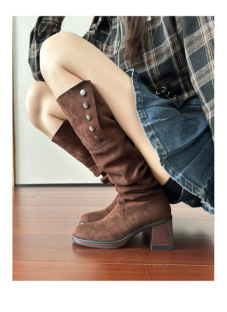 Западные Boots 高跟防水台长靴女侧拉炼 炼 𫔀两穿骑行靴高筒不过膝长筒靴小个子西部靴