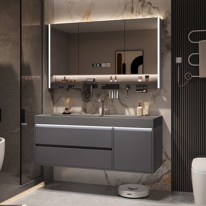 Gilded Stone-Textured Integrated Basin Bathroom Solid Wood Cabinet Set Ocean Basin Washbasin Face Basin Vanity Gilded Stone-Textured Integrated Basin Bathroom Solid Wood Cabinet Set Ocean Basin Washbasin Face Basin Vanity