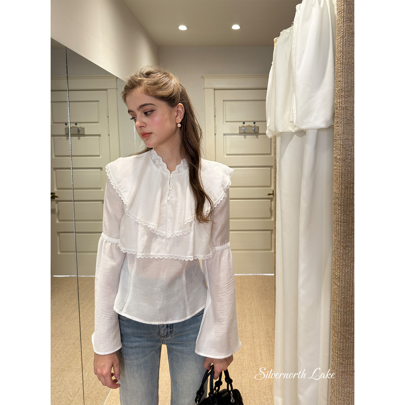 Silvernorthlake French Bell-Sleeve V-Neck Shirt Loose Ruffled Lace Inner Top